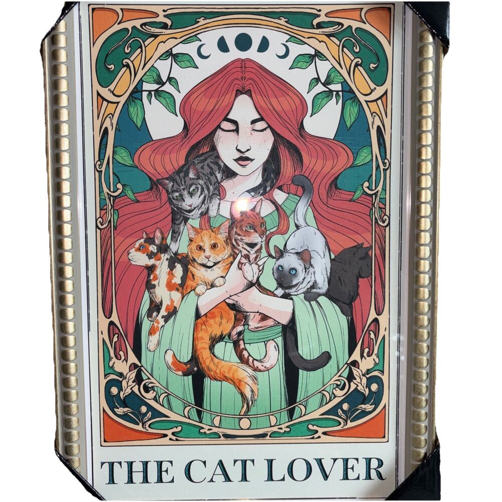Sapna Shah "The Cat Lover" Cats Girl Tarot Framed Wall Art Gold Ornate Frame New